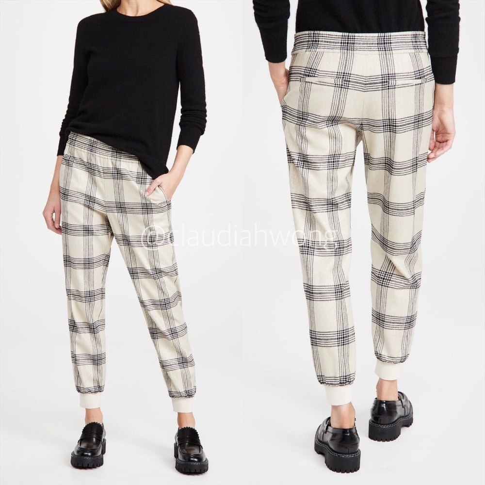 ALICE + OLIVIA Pete Metallic Plaid Wool Jogger Pants in Bone Beige